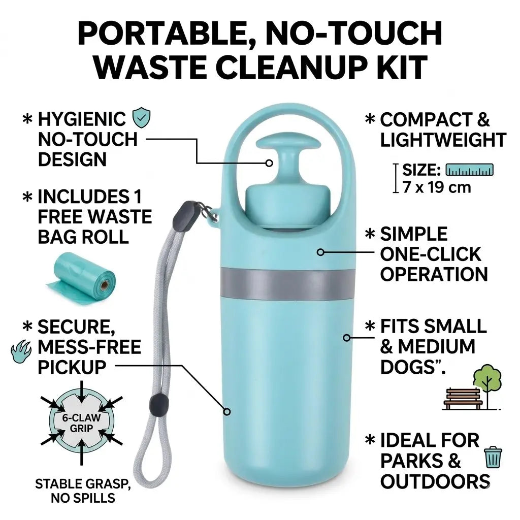 Portable Touchless Dog Poop Scooper, Six Claw Waste Grabber, Includes 1 Roll Trash Bags, Suitable for Small and Medium Dogs, Outdoor