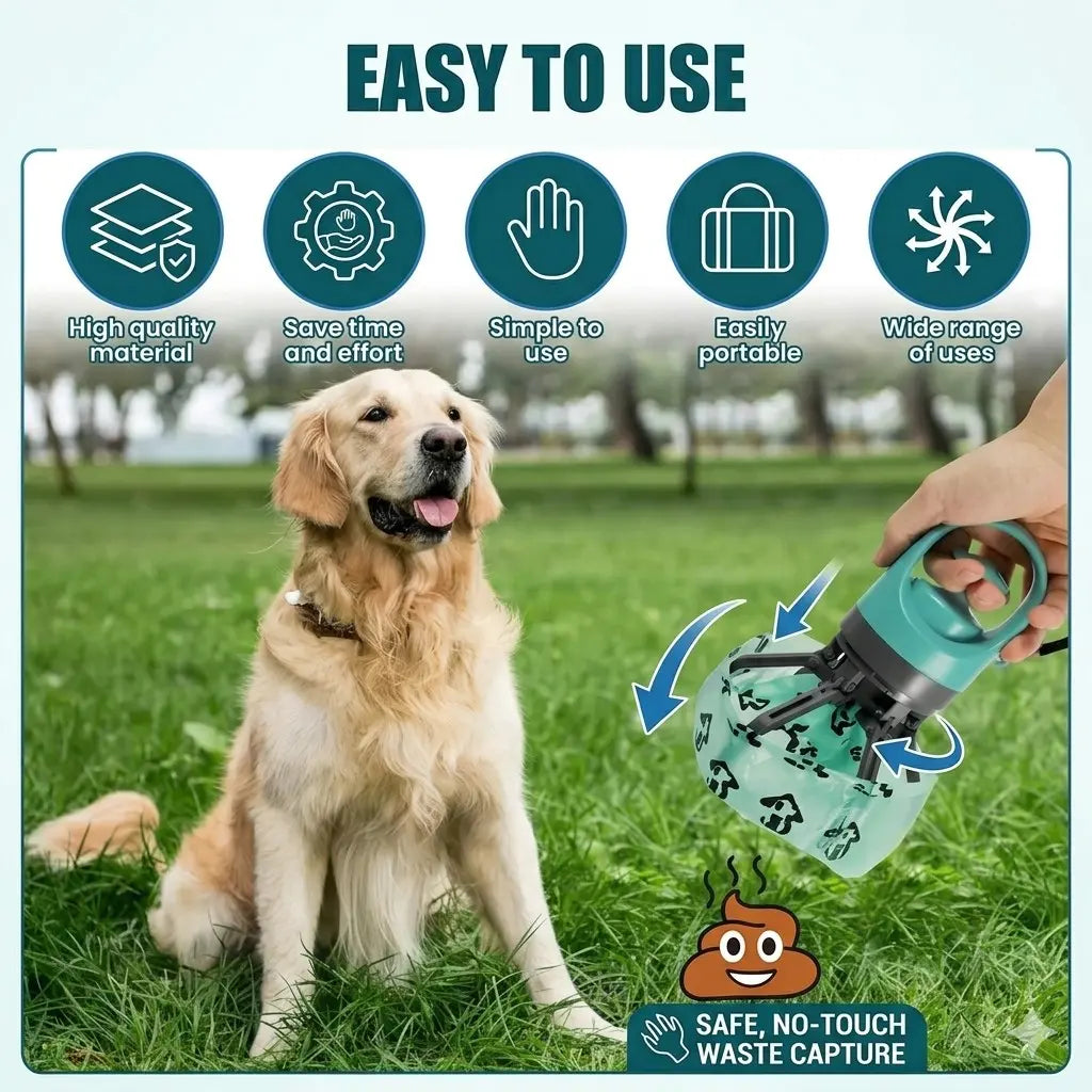 Portable Touchless Dog Poop Scooper, Six Claw Waste Grabber, Includes 1 Roll Trash Bags, Suitable for Small and Medium Dogs, Outdoor