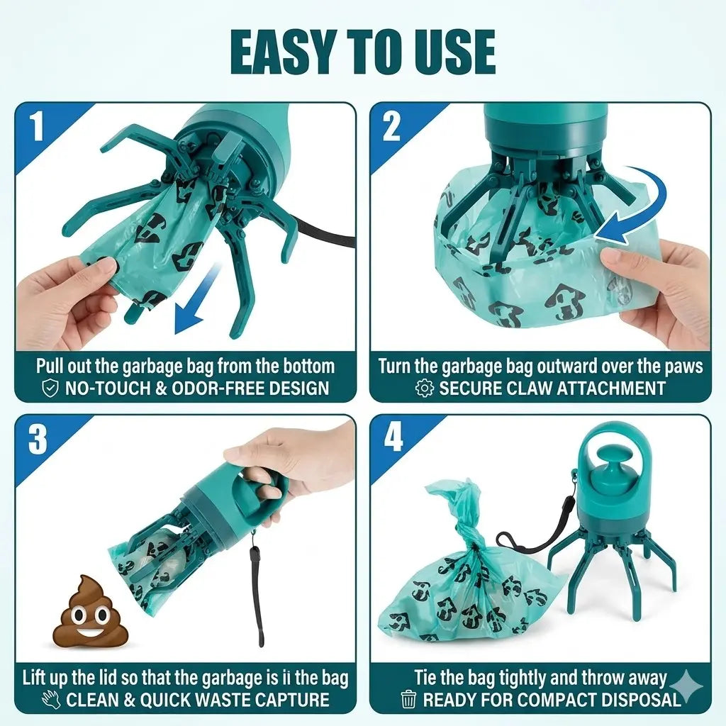 Portable Touchless Dog Poop Scooper, Six Claw Waste Grabber, Includes 1 Roll Trash Bags, Suitable for Small and Medium Dogs, Outdoor
